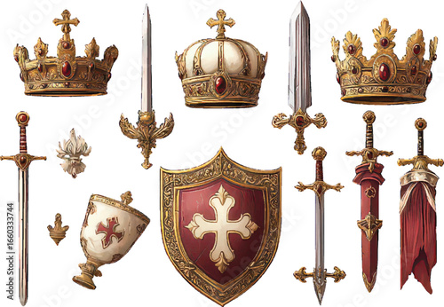 Royal Symbols Including Crowns Swords Shields and Chalice on White Background regalia king
