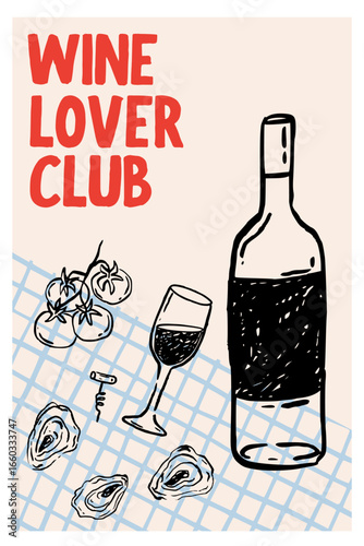 Seafood and wine doodle in Italian vector style