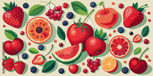 Seamless pattern of ripe berries and fruits, including red strawberries, juicy cherries, and green apples, on a white background
