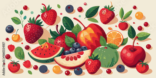 Seamless pattern of ripe, red strawberries and other sweet berries on a white background for a fresh and juicy summer design