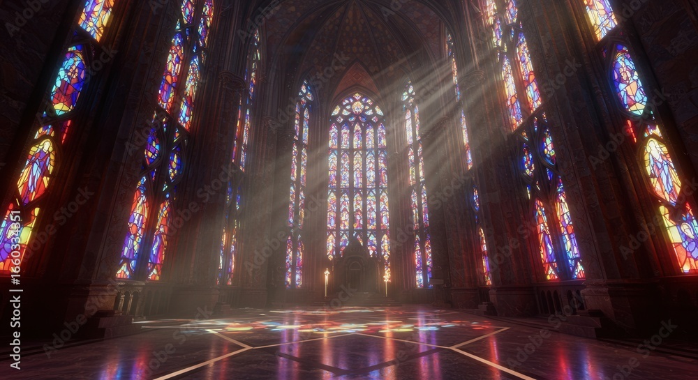 Obraz premium Stunning cathedral interior bathed in vibrant light streaming through ornate stained glass windows