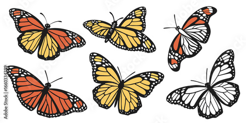 A colorful set of monarch butterflies with black wings, flying through a garden of flowers on a white background