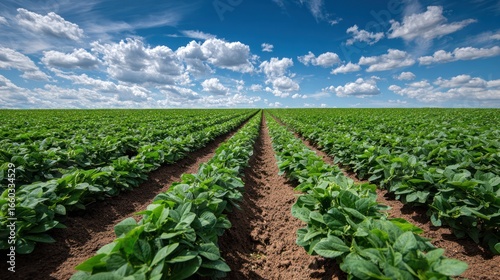 Lush green bean field under a vibrant sky