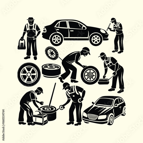 Car mechanics working on vehicles and tires silhouette isolated on white background