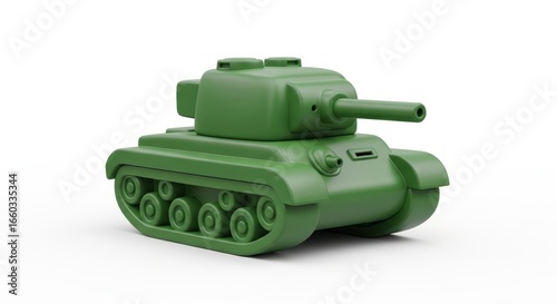 Green toy tank isolated on white background with simple design