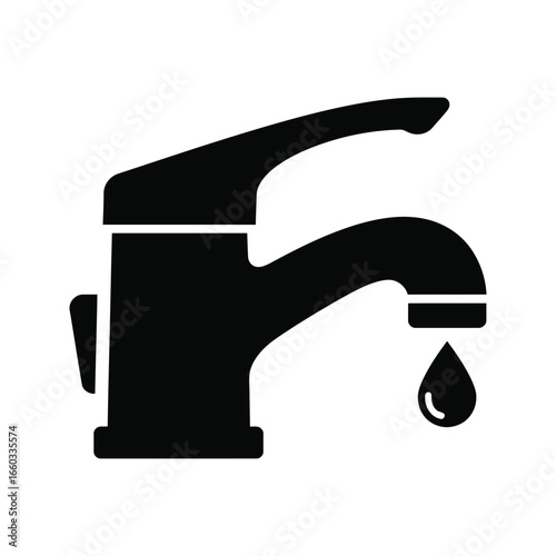 Water Tap Icon Faucet Silhouette Plumbing Symbol Dripping Water Black and White Vector Illustration