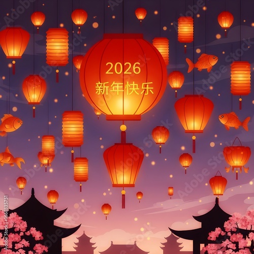 Vibrant Chinese New Year celebration with glowing lanterns, goldfish, and traditional architecture
