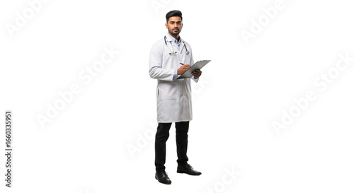 Young Professional Male Doctor Holding Clipboard and Stethoscope on White Background