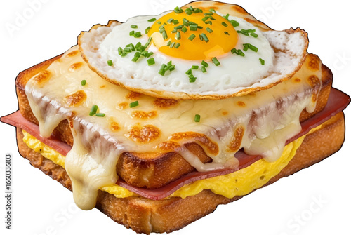 Close-up of Hot French Toasts Croque Madame with Fried Egg