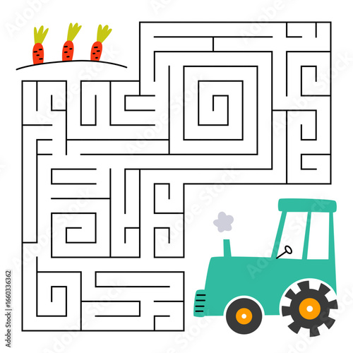 Farm maze game for kids. Cute truck looking for a way to the carrot. Printable worksheet with solution for school and preschool. Vector cartoon illustration.