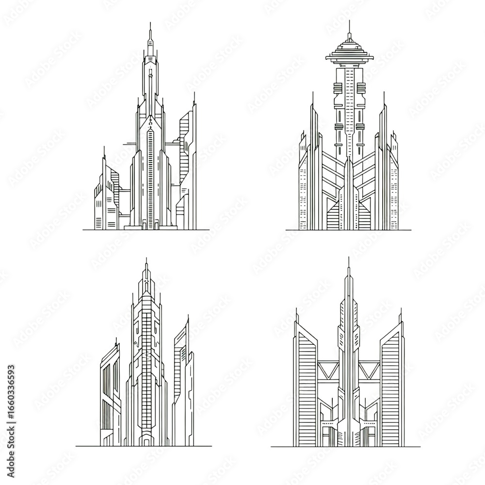 Fototapeta premium Four abstract architectural building sketches isolated on white background
