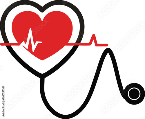 Stylized heart with ekg line and stethoscope silhouette isolated on white background