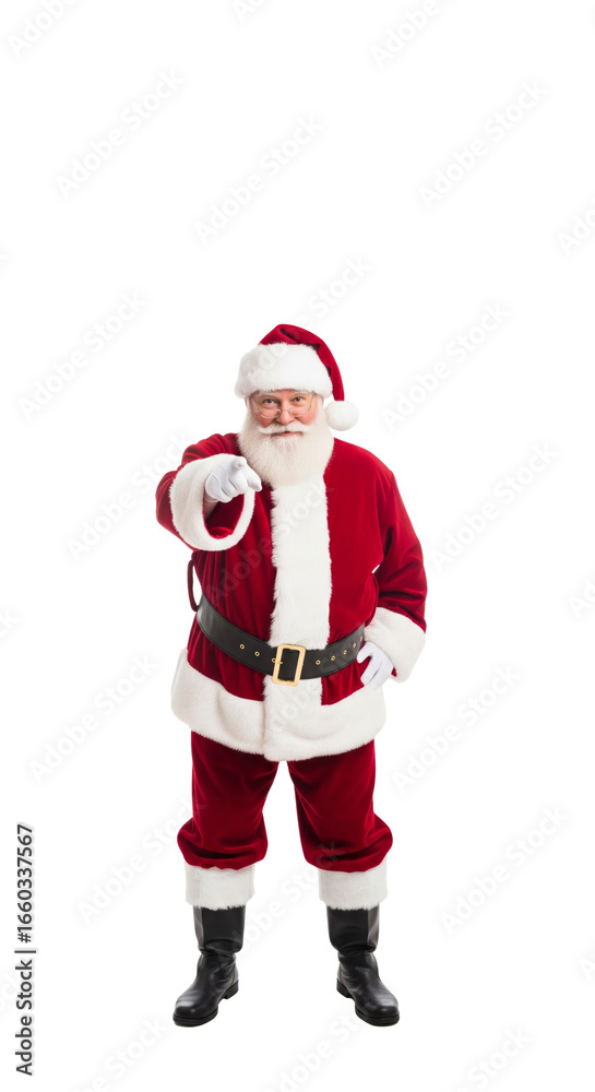 PNG cut out isolated background. A full-length portrait of a friendly Santa Claus standing and pointing directly at the viewer. PNG cut out isolated background. A full-length portrait of a friendly Santa Claus standing and pointing directly at the viewer.