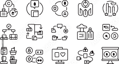 Collection of business process flow diagrams and organizational chart icons silhouette