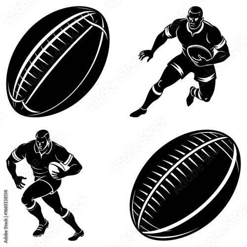 Illustrations of rugby players in action and rugby balls in black and white vector format design