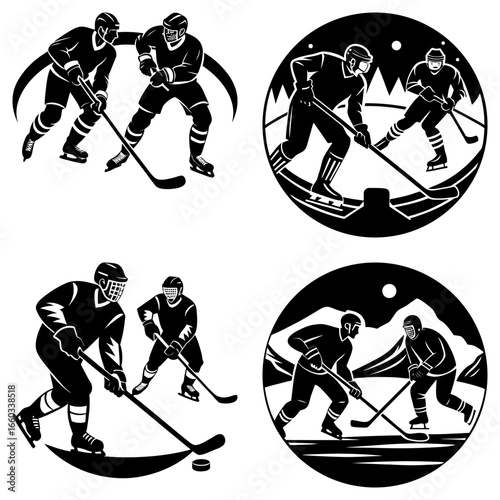 Four hockey scenes showing players in action with sticks and pucks in a monochrome illustration style
