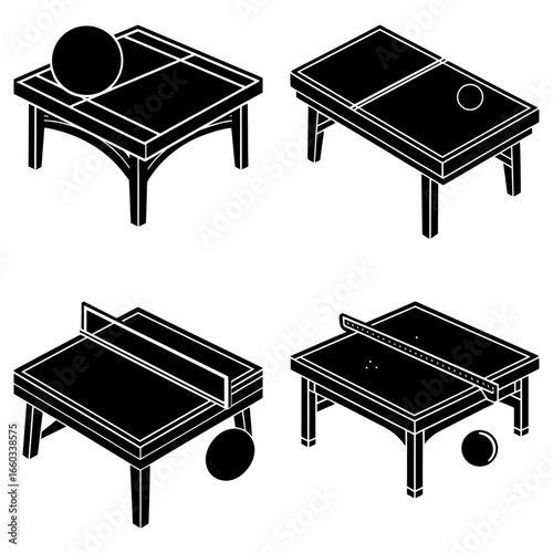 Isometric illustration of four table tennis setups with balls and nets in black and white style