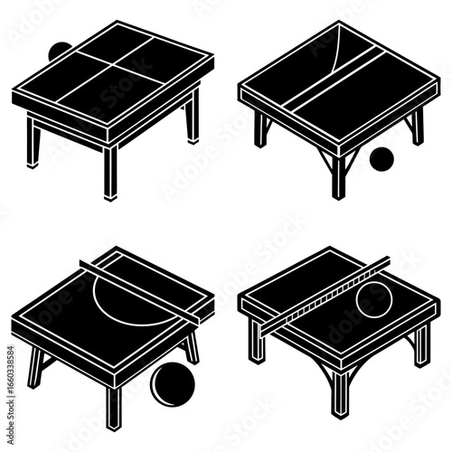 Isometric view of four different game tables with balls in black and white illustration style