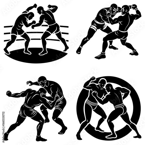 Illustrations depicting wrestlers in various grappling positions and ring settings in black and white style