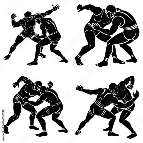 Four illustrations depicting two wrestlers engaged in various grappling positions in black and white style