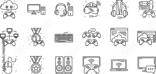 Gaming and Technology Icon Set – Cloud Gaming, Consoles, Headsets, VR, Achievements, Multiplayer, Streaming, Devices, Communication, Online Play, Competition