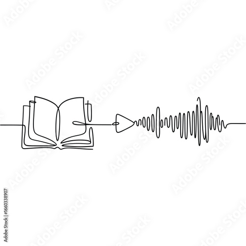 Continuous line drawing of an open book with an audio waveform and play button