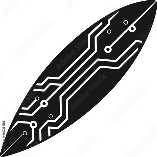 Black silhouette of a surfboard with circuit board pattern isolated on white background