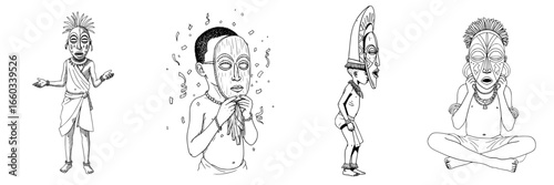 Four expressive cartoon characters showcasing various emotions and feelings - african boy wearing mask at celebration
