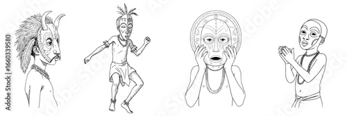 african boy wearing mask at celebration - Diverse characters expressing emotions through dance and gestures  
