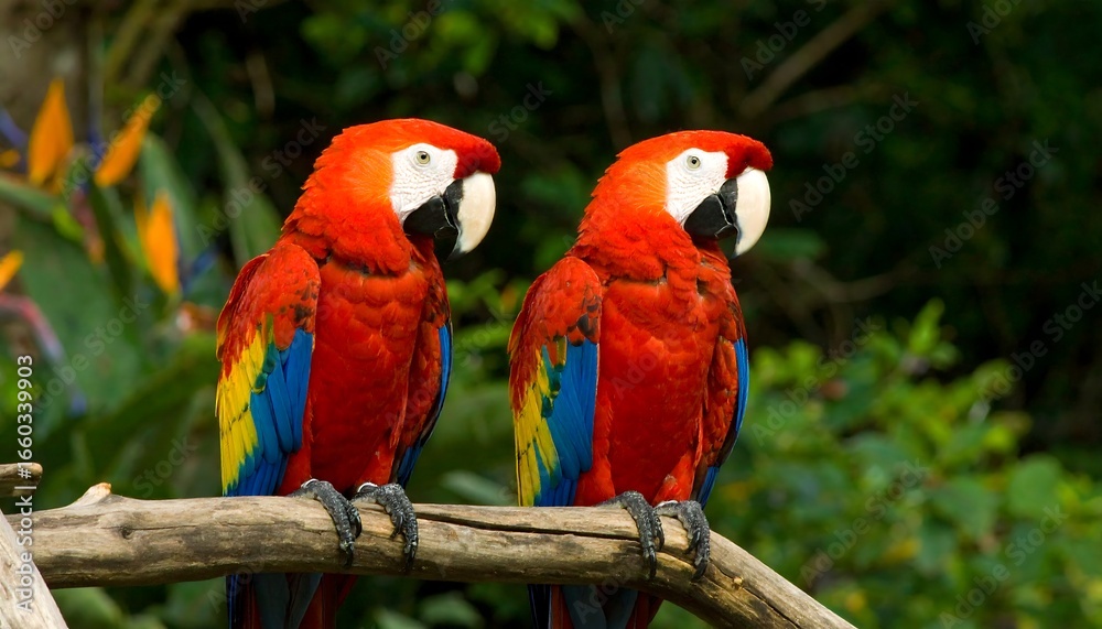 Fototapeta premium Two vibrant macaws perched on a weathered branch, showcasing their striking red plumage and colorful accents against a lush, green backdrop.