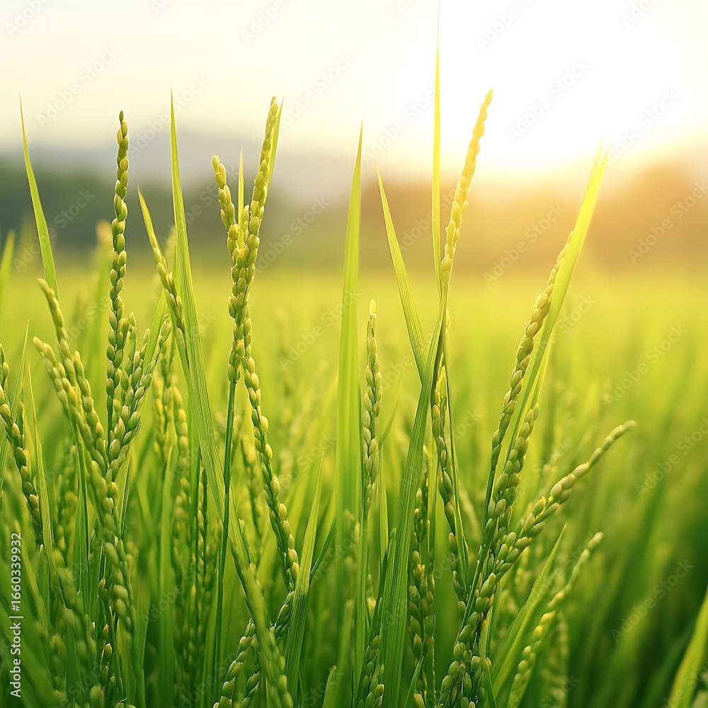 Obraz premium Ripe green rice ears in a sunlit field close-up view agriculture photo