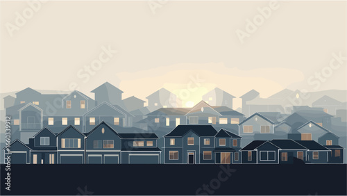 Cozy suburban neighborhood at dawn, warm lights glow in peaceful residential street