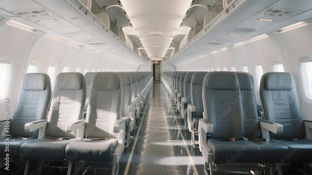 Fototapeta premium Spacious empty airplane aisle highlighting modern, clean cabin interior.