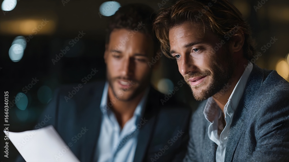 Fototapeta premium Two professionals reviewing a sales report in an office setting