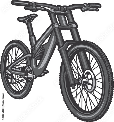 Monochrome Illustration of a High Performance Downhill Mountain Bike Showcasing Suspension System and Rugged Tires Ready for Rough Terrain