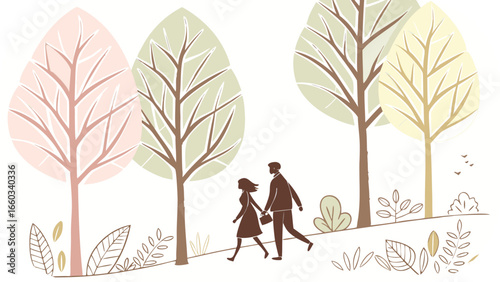 Couple strolling in a park with stylized trees and foliage, oval frame walking holding hands