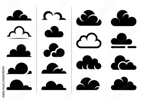 Collection of Diverse Black Cloud Icons on White Background