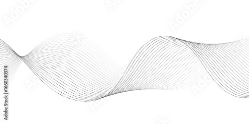 Minimalist illustration featuring dotted waveforms in black fading to gray, gracefully intertwining and creating a fluid, rhythmic structure on a clean white backdrop, symbolizing connectivity, balanc