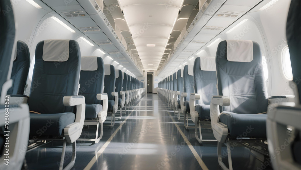 Obraz premium Spacious empty airplane aisle highlighting modern, clean cabin interior.