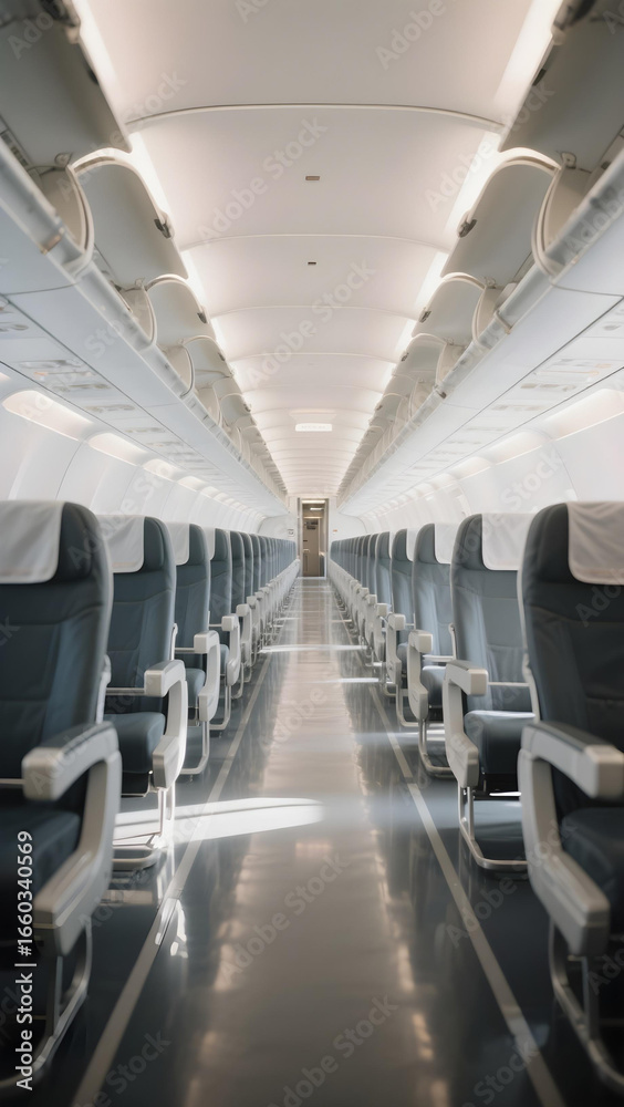 Obraz premium Spacious empty airplane aisle highlighting modern, clean cabin interior.
