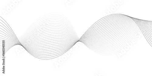 Minimalist illustration featuring dotted waveforms in black fading to gray, gracefully intertwining and creating a fluid, rhythmic structure on a clean white backdrop, symbolizing connectivity, balanc