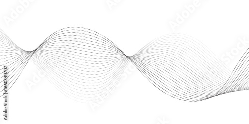 
Dynamic wavy pattern of dotted lines in gradient black tones, flowing horizontally with overlapping curves that give depth and motion, resembling sound waves, data visualization, or digital abstract 