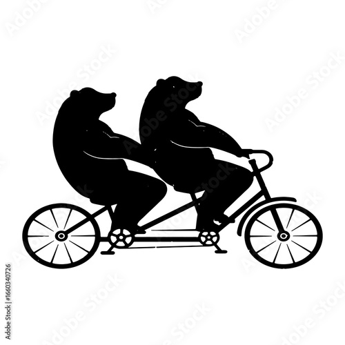 Whimsical Bears Ride a Tandem Bike in Silhouette Style Vintage Inspired Design