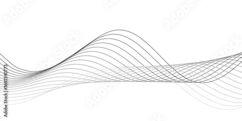 
Dynamic wavy pattern of dotted lines in gradient black tones, flowing horizontally with overlapping curves that give depth and motion, resembling sound waves, data visualization, or digital abstract 