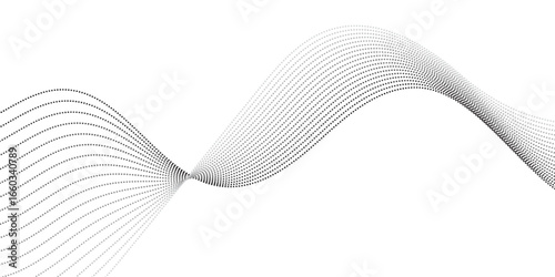 
Dynamic wavy pattern of dotted lines in gradient black tones, flowing horizontally with overlapping curves that give depth and motion, resembling sound waves, data visualization, or digital abstract 