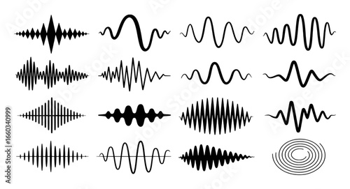 Collection of Diverse Black and White Sound Waveforms and Audio Visualizations