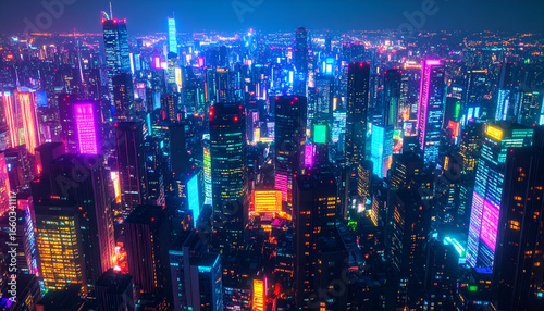 Vibrant Night City Skyline with Neon Lights