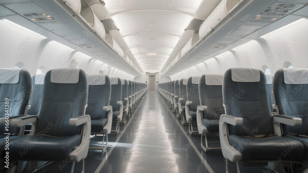 Obraz premium Spacious empty airplane aisle highlighting modern, clean cabin interior.
