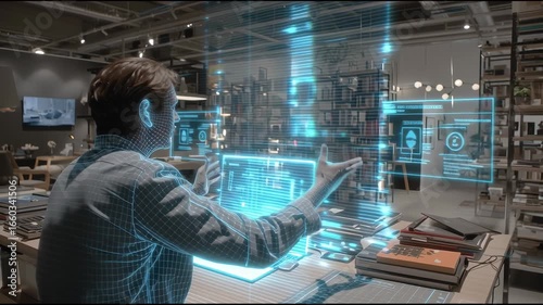 AI-powered holographic assistant helping an employee with complex tasks, ultra-realistic