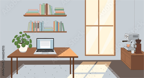 Cozy home office setup with laptop, books, plant, and espresso machine, bathed in warm sunlight